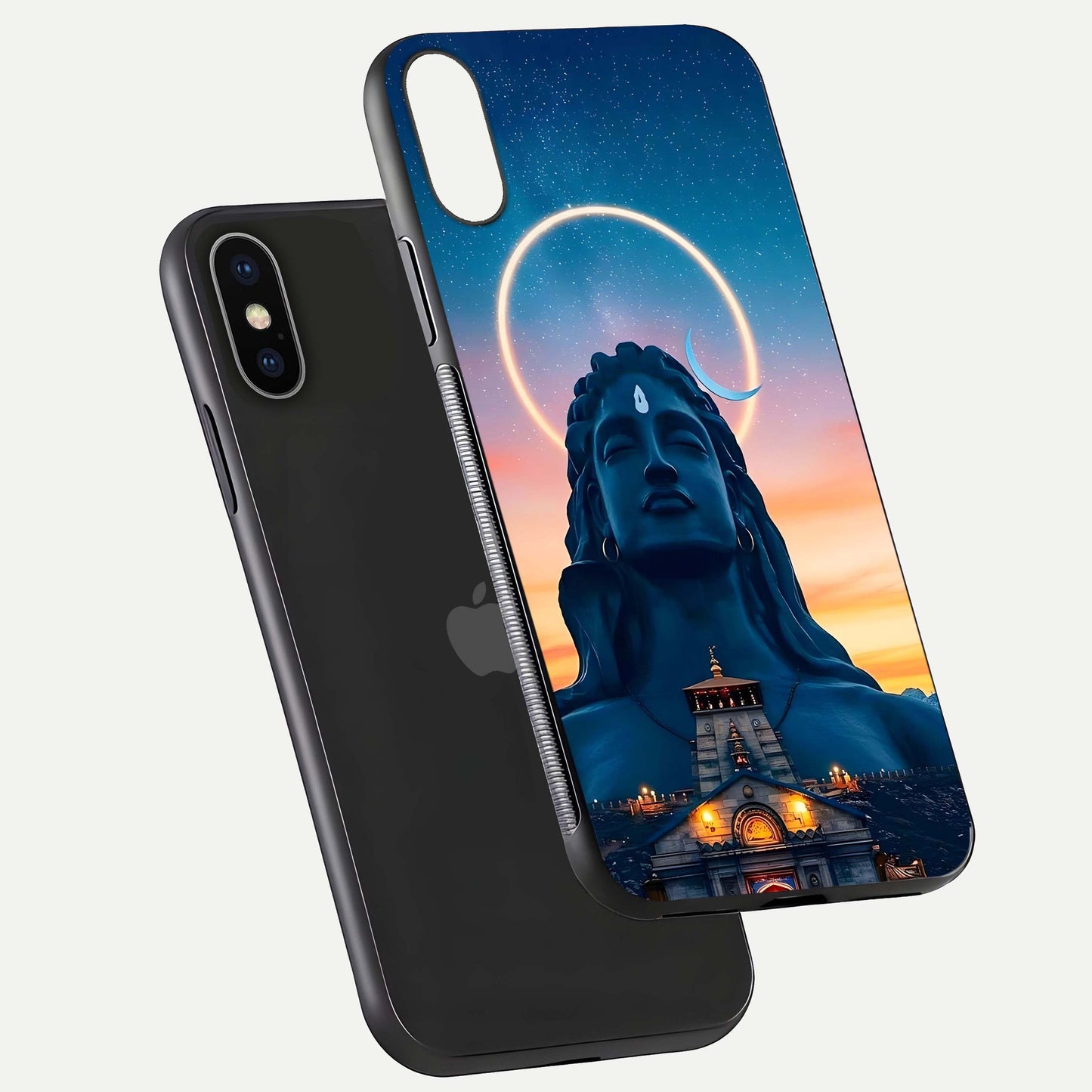 Eternal Shiva Aura Glass Case for iPhone X floating mockup showing gloss texture and spiritual glow