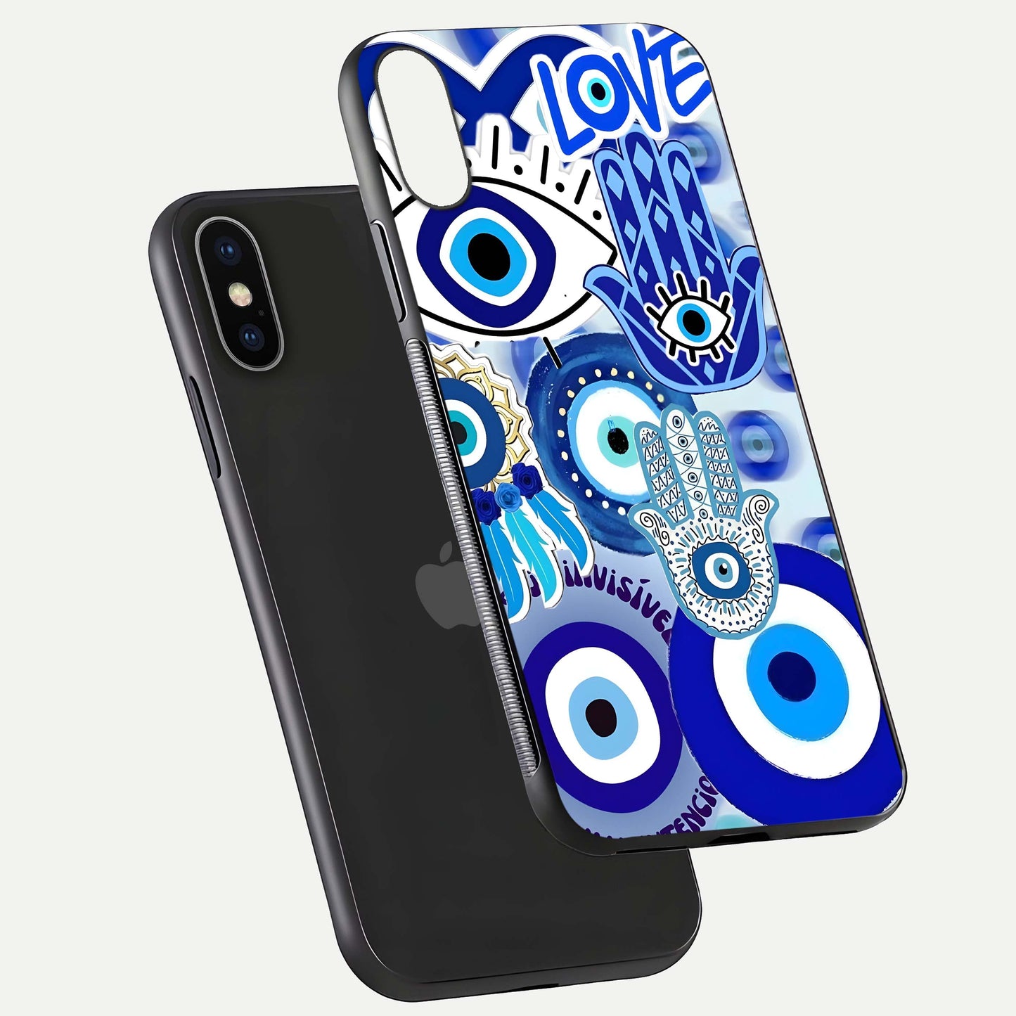 Evil Eyes Dream Glass Case for iPhone X floating mockup showing glossy shine and elegant pattern clarity