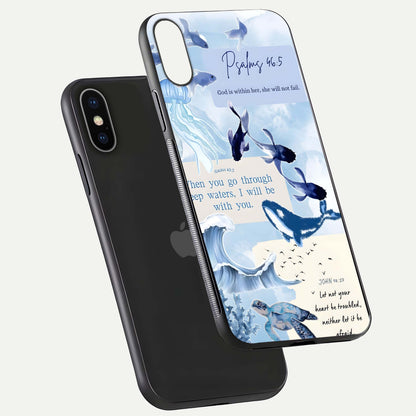 Faithful Ocean Promise Glass Case for iPhone X floating mockup displaying glossy surface and vivid depth