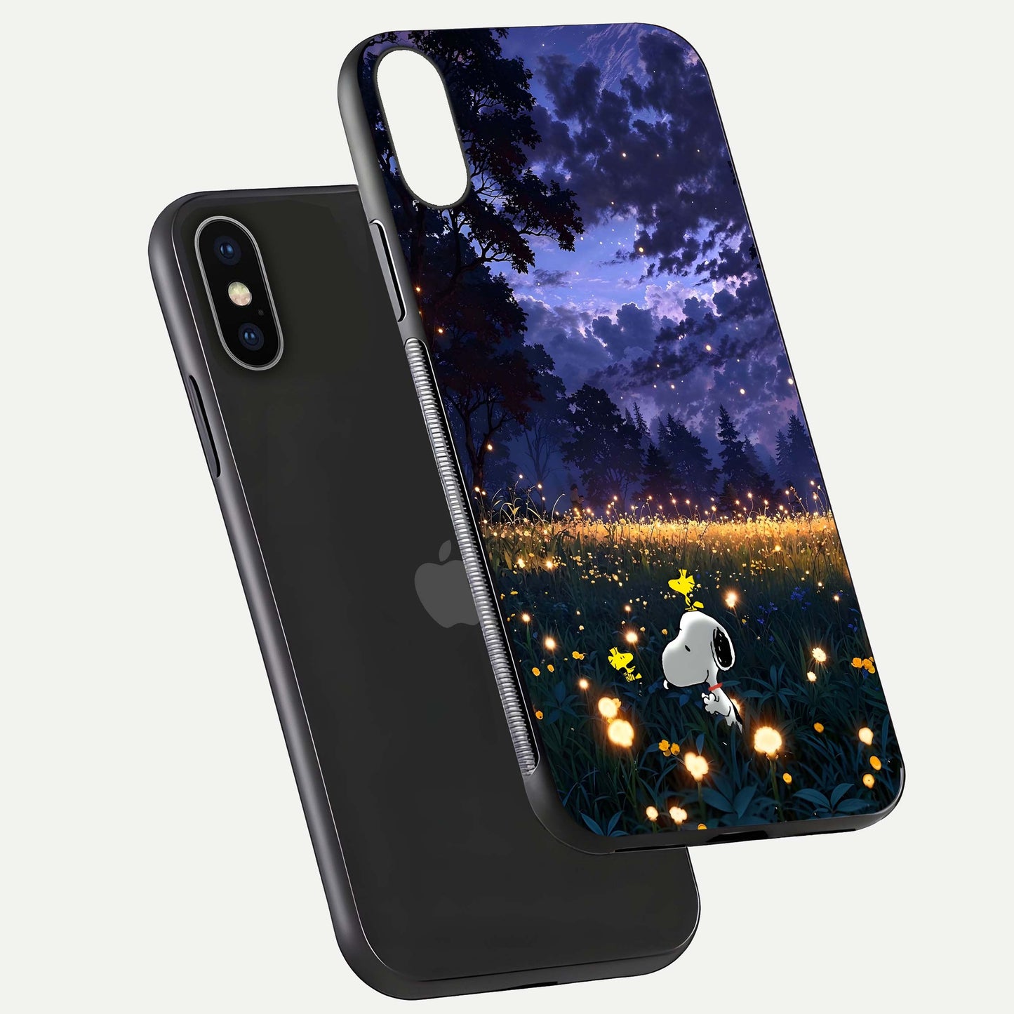 Firefly Meadow Magic Glass Case for iPhone X floating mockup showing gloss polish and magical night hues