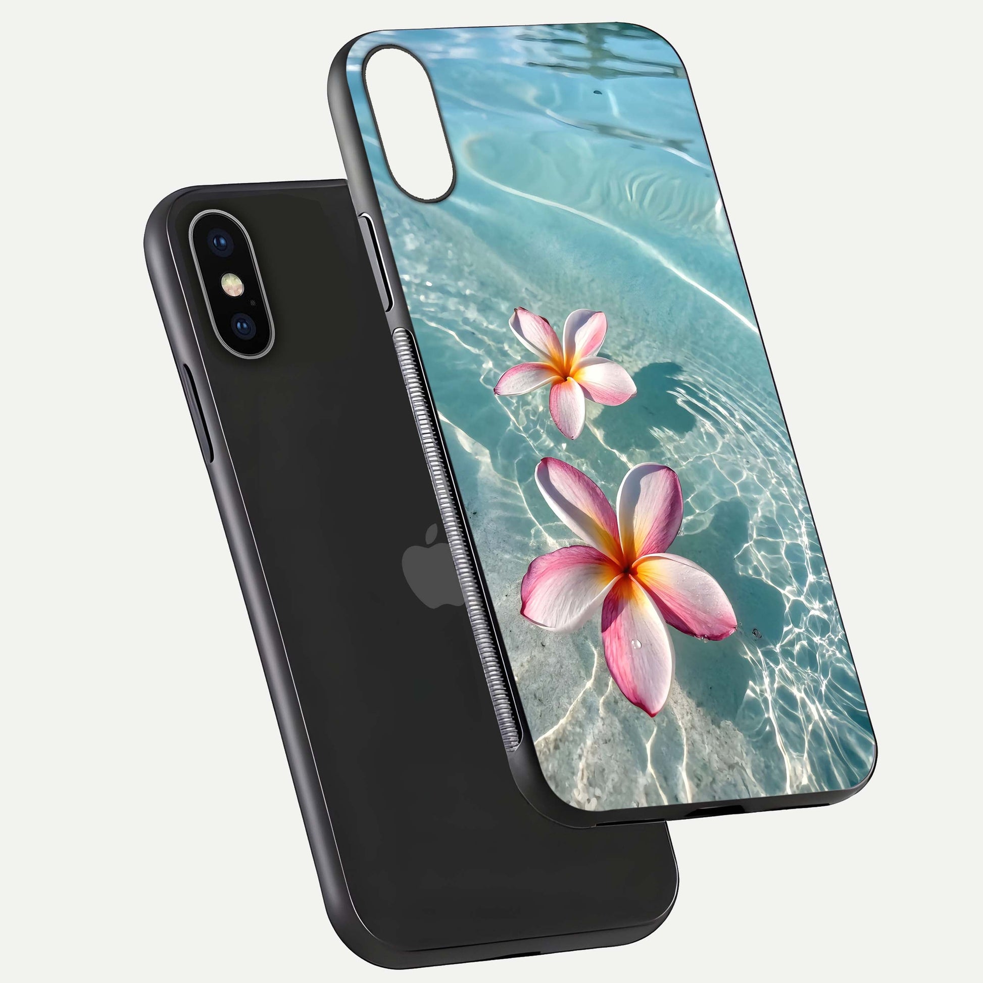 Floating Bloom Bliss Glass Case for iPhone X floating mockup showing HD gloss shine and floral texture