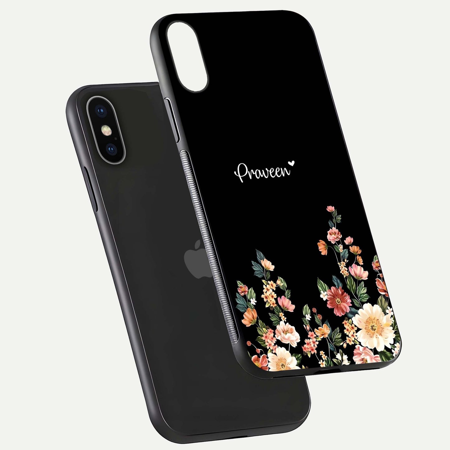 Floral Design Personalized Custom Name Glass Case for iPhone X floating mockup showing reflection polish and vivid colors