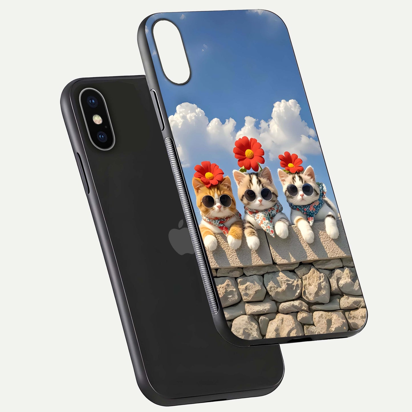 Floral Kitty Squad Glass Case for iPhone X floating mockup showing gloss texture and playful charm