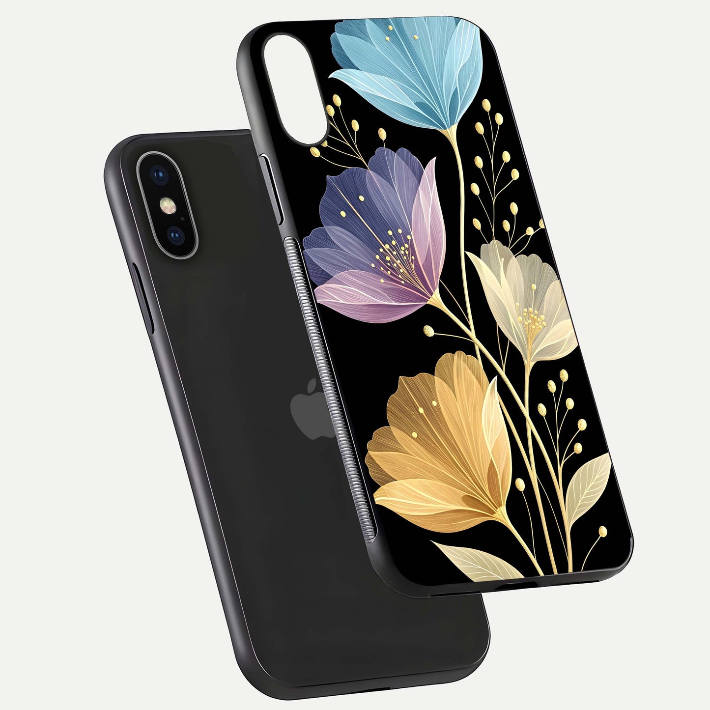 Flower Bloom Glow Glass Case for iPhone X floating mockup showing HD shine and artistic detail