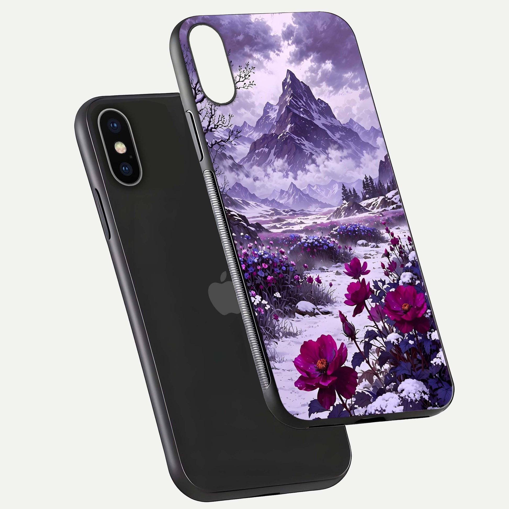 Flower Mountain View Glass Case for iPhone X floating mockup showing reflection glow and artistic clarity
