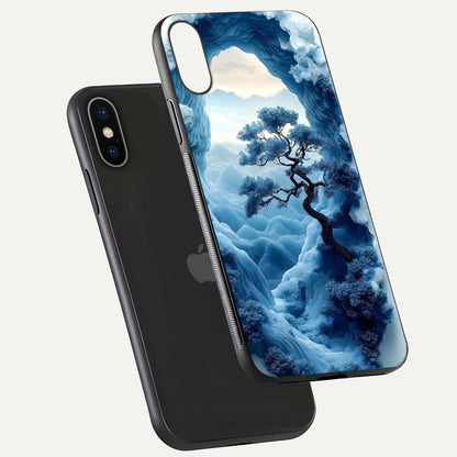 Frozen Serenity Gate Glass Case for iPhone X floating mockup showing glossy depth and crystal glow