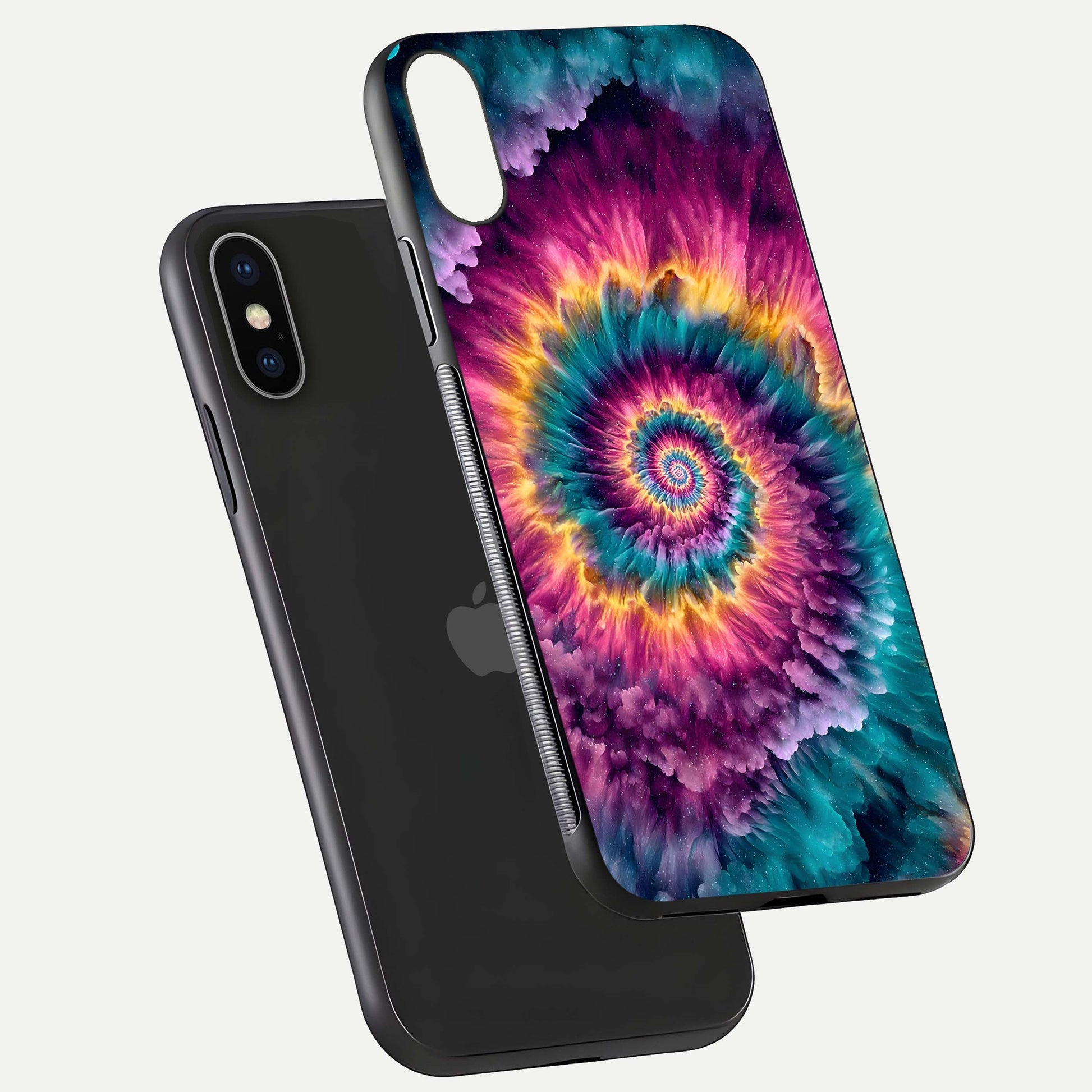 Galactic Spiral Burst Glass Case for iPhone X floating dual-view mockup displaying light trails and smooth gloss shine