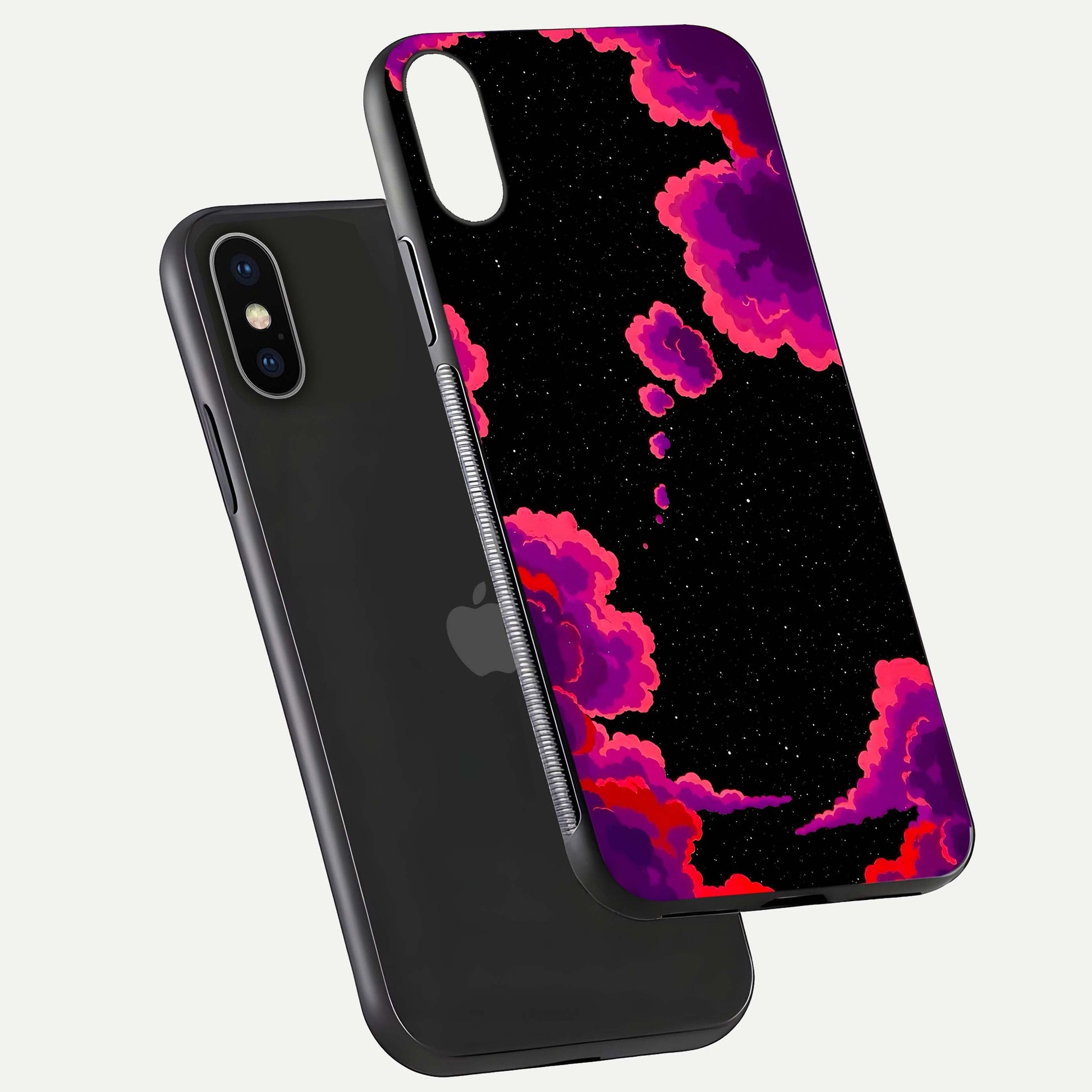 Galaxy Dream Frame Glass Case for iPhone X floating dual-view mockup showing vibrant gloss and space-themed tones