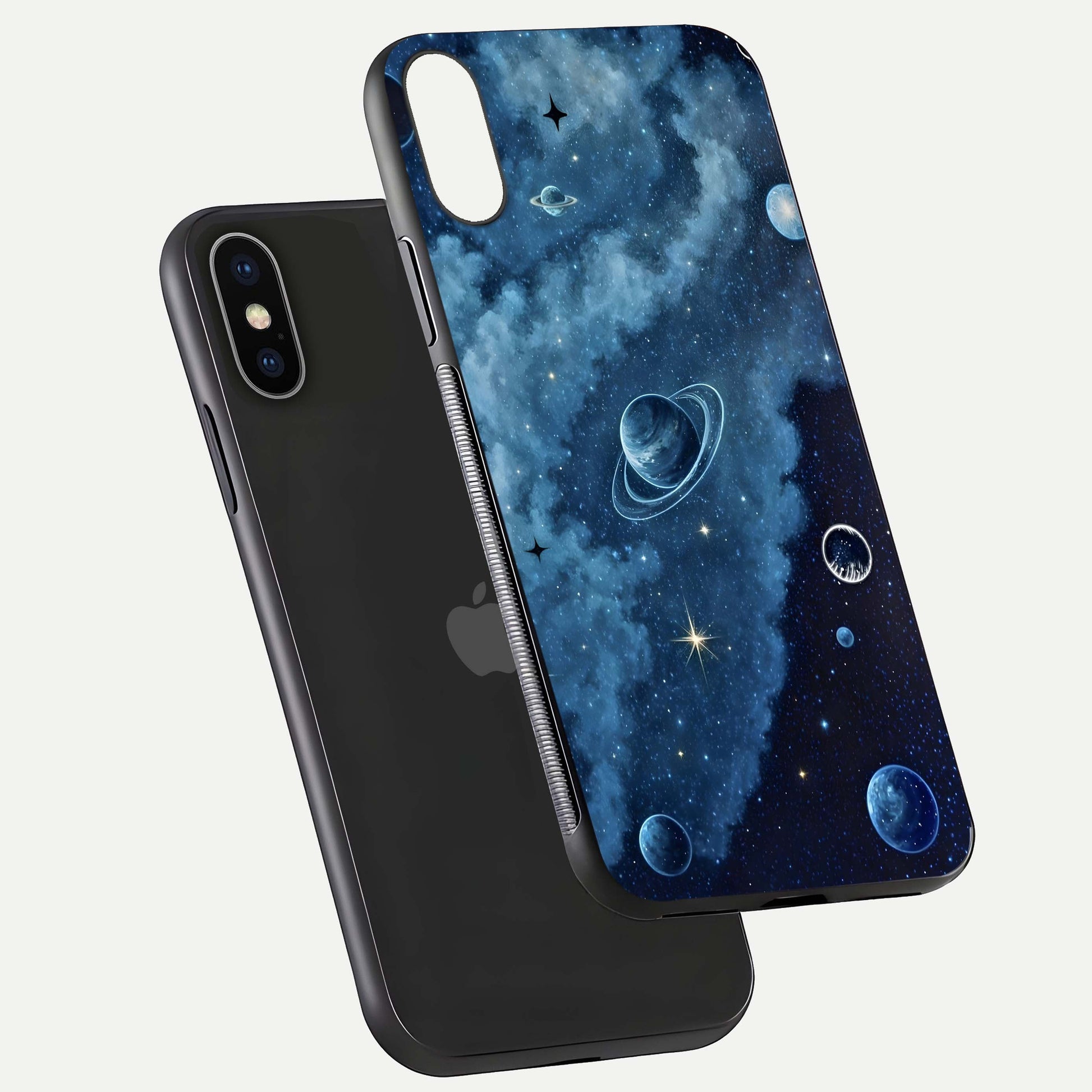 Galaxy Dream Space Glass Case for iPhone X floating dual-view mockup showing glossy finish and celestial depth