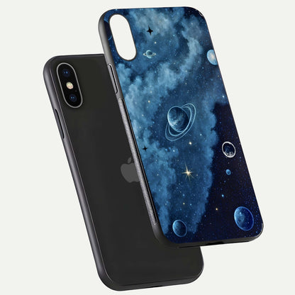 Galaxy Dream Space Glass Case for iPhone X floating dual-view mockup showing glossy finish and celestial depth