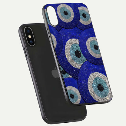 Galaxy Eye Flow Glass Case for iPhone X floating dual-view mockup showing gloss polish and glowing tones