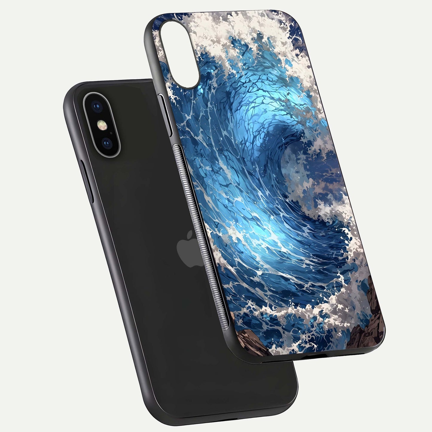Giant Ocean Wave Glass Case for iPhone X floating dual-view mockup showing glossy depth and aquatic blue gradient