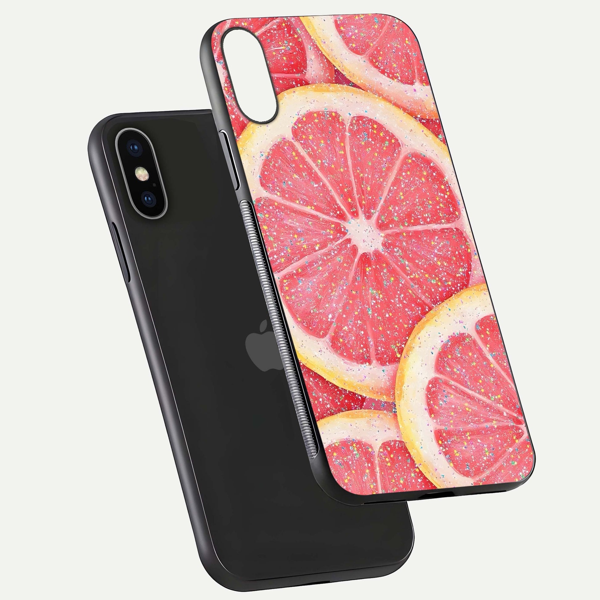 Glitter Grapefruit Glass Case for iPhone X floating dual-view mockup showing HD gloss and fresh color detail