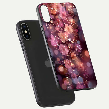 Glowing Petal Bliss Glass Case for iPhone X floating dual-view mockup showing gloss brightness and delicate tone
