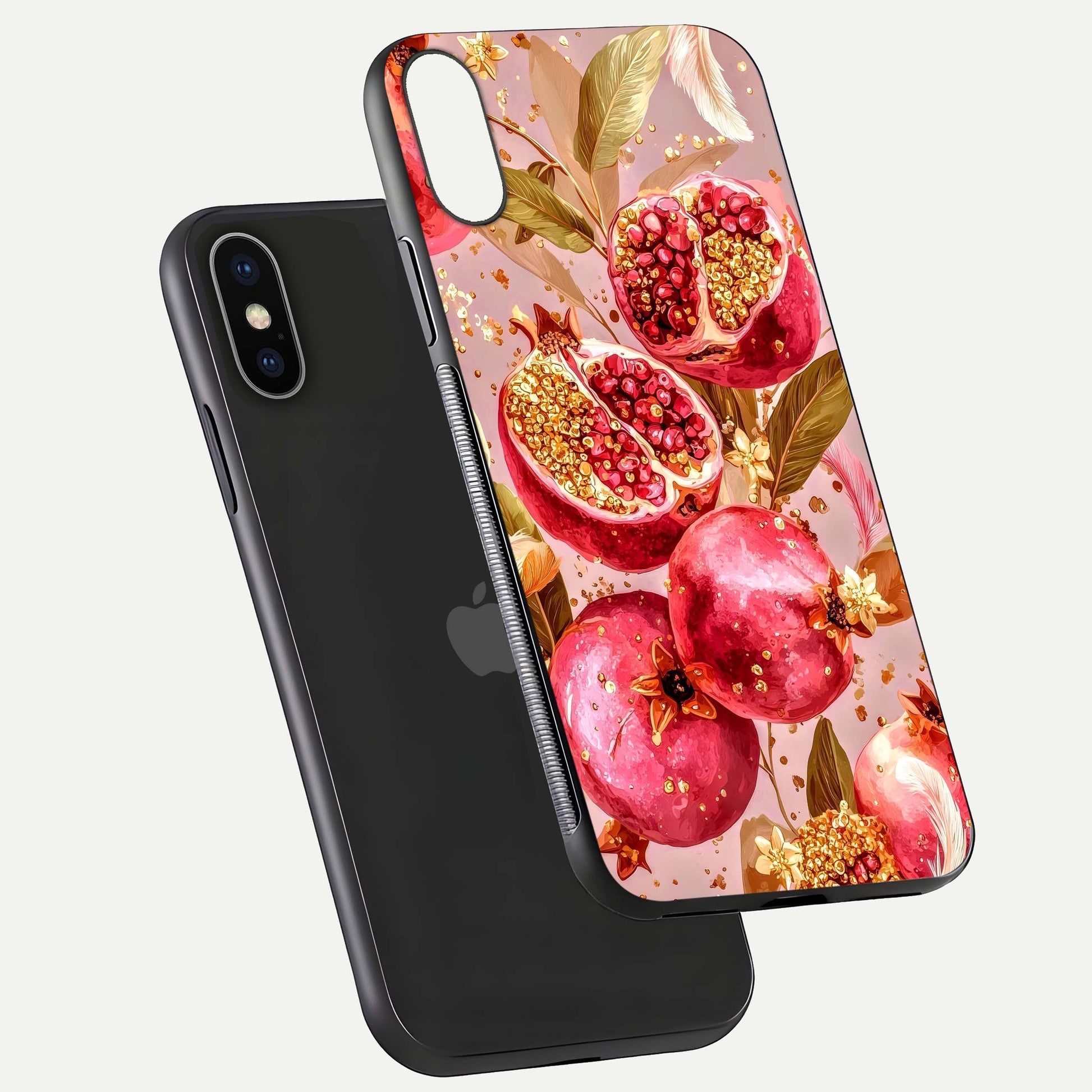 Golden Bloom Glow Glass Case for iPhone X floating dual-view mockup showing glossy shine and golden shimmer