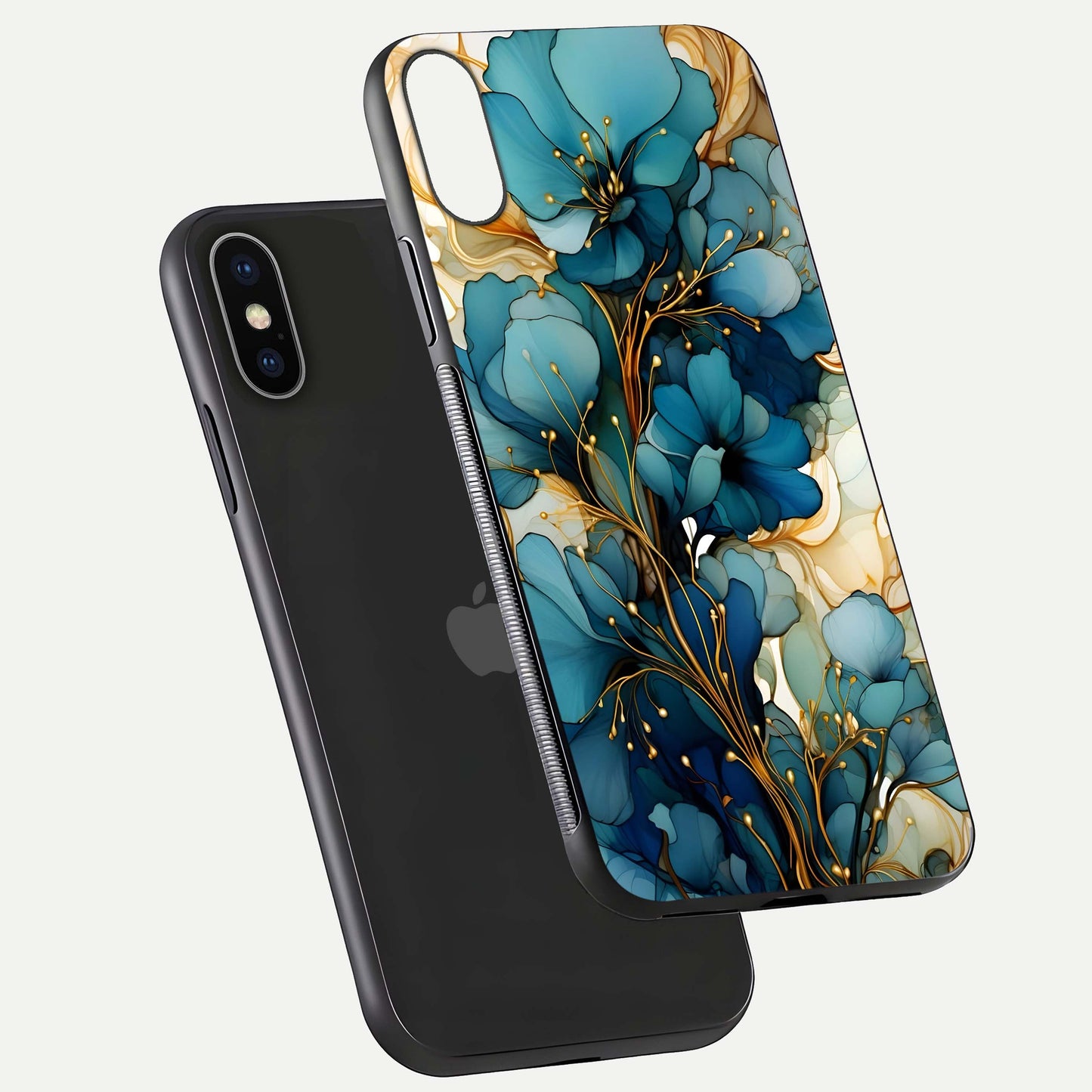 Golden Bloom Symphony Glass Case for iPhone X floating dual-view mockup displaying shine texture and luxury pattern