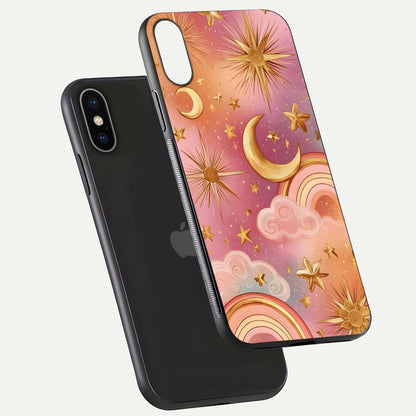 Golden Celestial Dreams Glass Case for iPhone X floating dual-view mockup showing gloss surface and dream-like glow