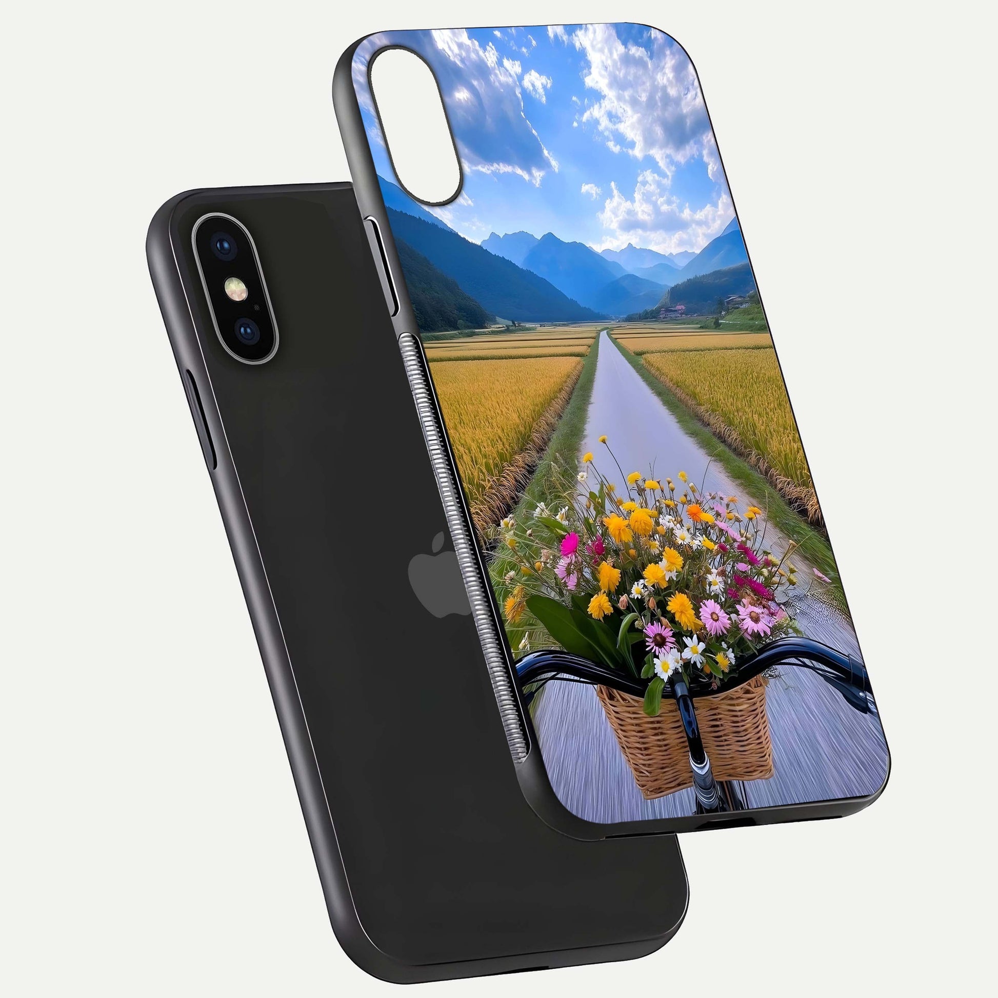 Golden Field Journey Glass Case for iPhone X floating dual-view mockup showing gloss surface and field depth