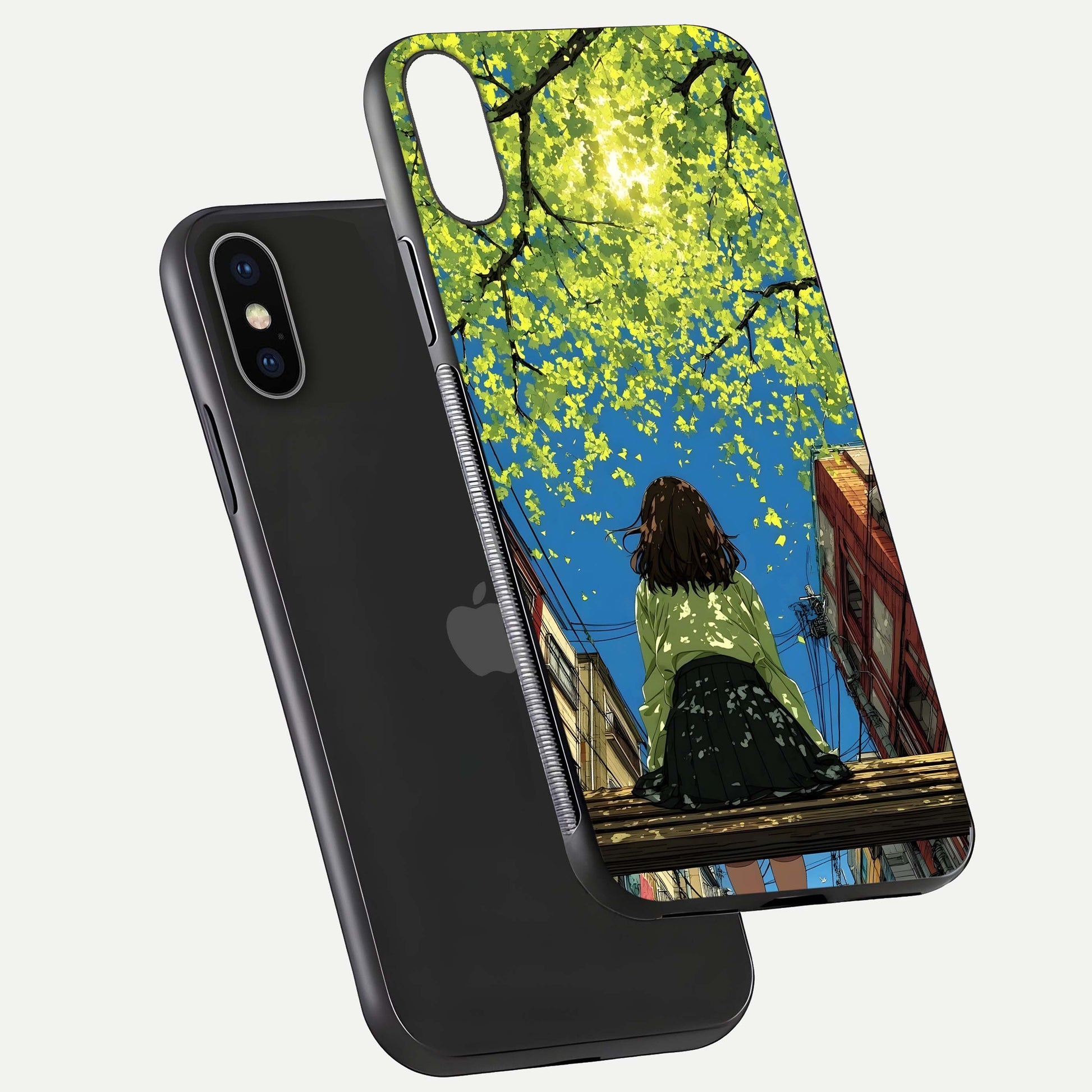 Golden Leaves Glow Glass Case for iPhone X floating dual-view mockup showing gloss depth and gold-leaf detail