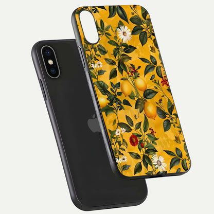 Golden Lemon Field Glass Case for iPhone X floating dual-view mockup showing gloss shine and yellow-gold palette
