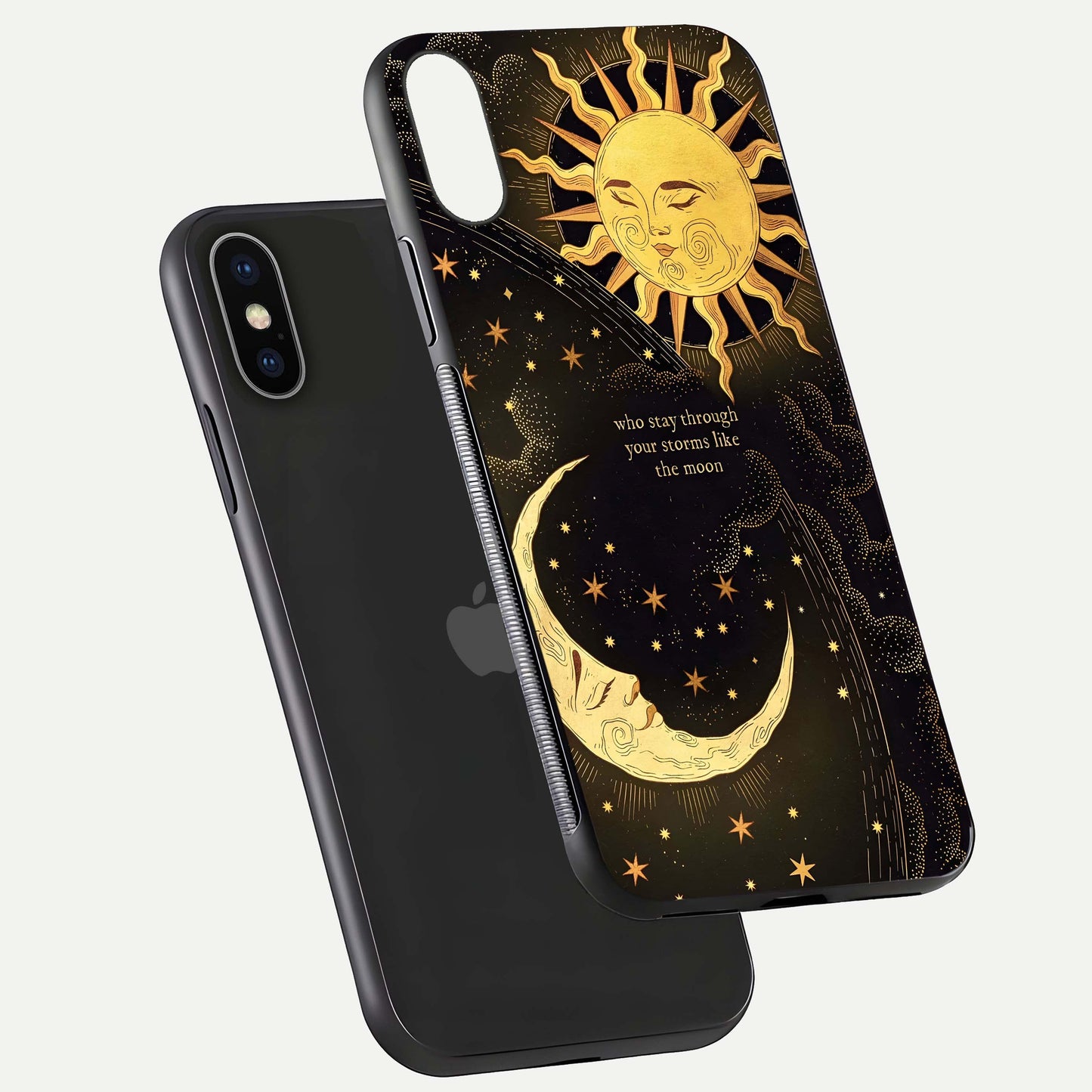 Golden Lunar Love Glass Case for iPhone X floating dual-view mockup showing glossy glow and romantic theme