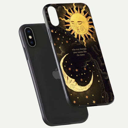 Golden Lunar Love Glass Case for iPhone X floating dual-view mockup showing glossy glow and romantic theme