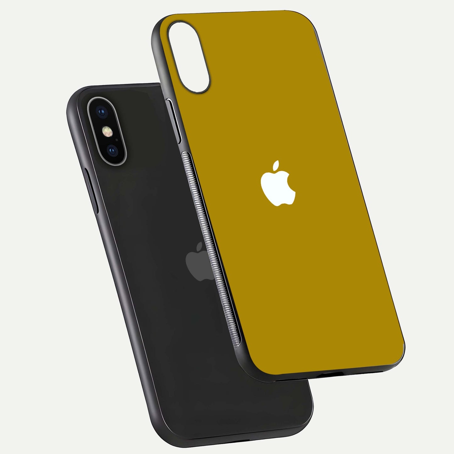 Golden Luxe Aura Glass Case for iPhone X floating dual-view mockup showing glossy texture and elegant gold gradient