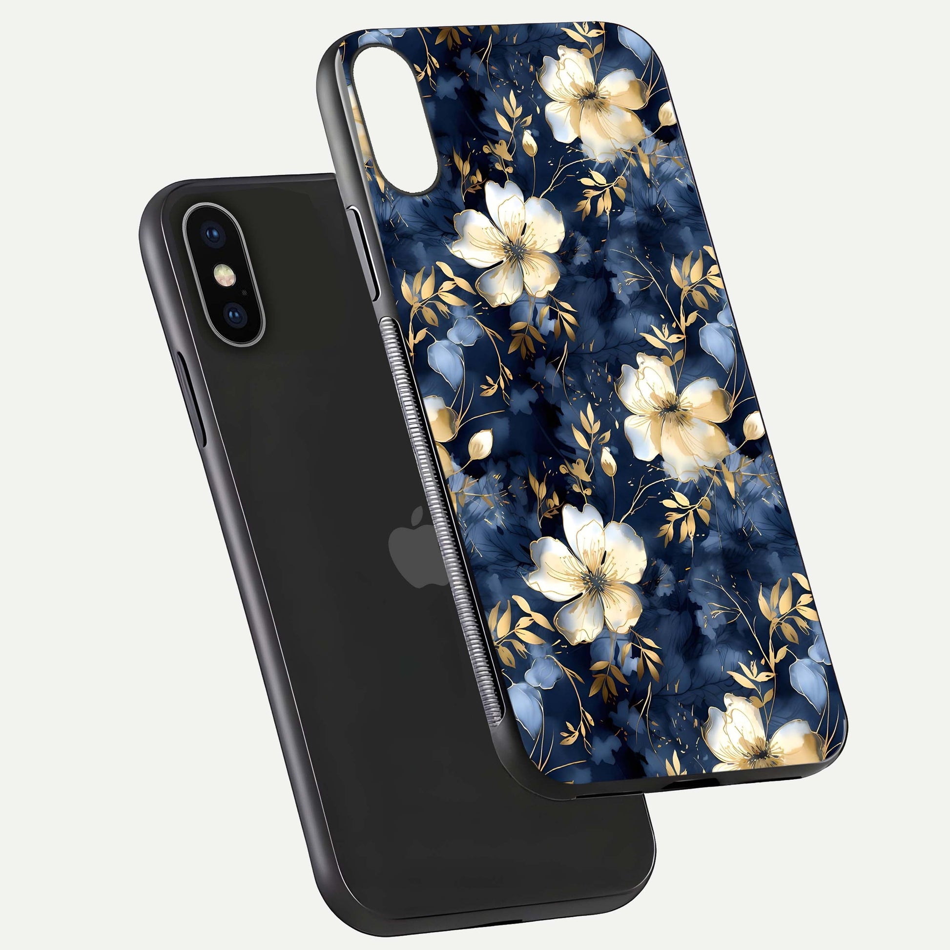Golden Midnight Bloom Glass Case for iPhone X floating dual-view mockup showing gloss polish and metallic reflection