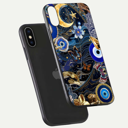 Golden Moon Magic Glass Case for iPhone X floating dual-view mockup showing gloss texture and golden illumination