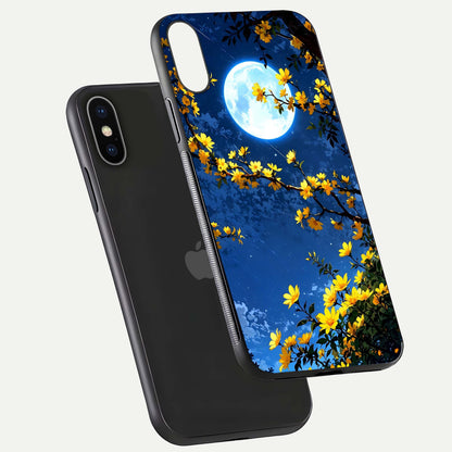 Golden Night Glow Glass Case for iPhone X floating dual-view mockup showing gloss polish and luxury shine
