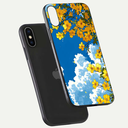 Golden Petal Sky Glass Case for iPhone X floating dual-view mockup showing gloss brilliance and gold detail