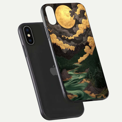 Golden River Moon Glass Case for iPhone X floating dual-view mockup showing gloss surface and luxury tone