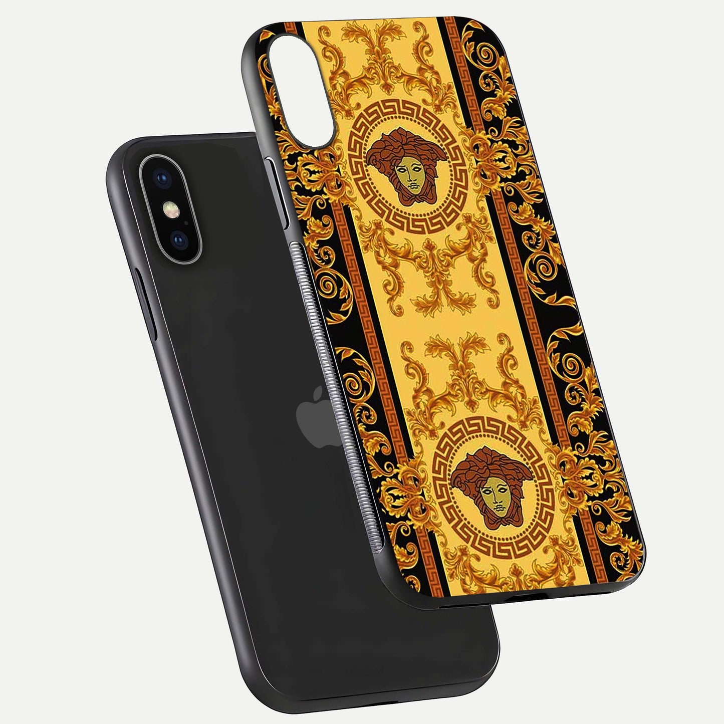 Golden Royal Heritage Glass Case for iPhone X floating dual-view mockup showing glossy surface and rich regal tone