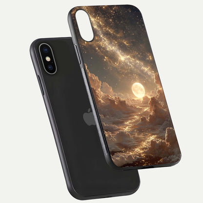 Golden Sky Dream Glass Case for iPhone X floating dual-view mockup showing gloss depth and elegant finish