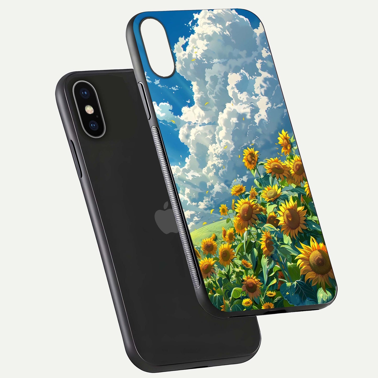 Golden Sun Glory Glass Case for iPhone X floating dual-view mockup showing gloss shine and premium surface