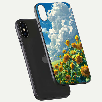 Golden Sun Glory Glass Case for iPhone X floating dual-view mockup showing gloss shine and premium surface