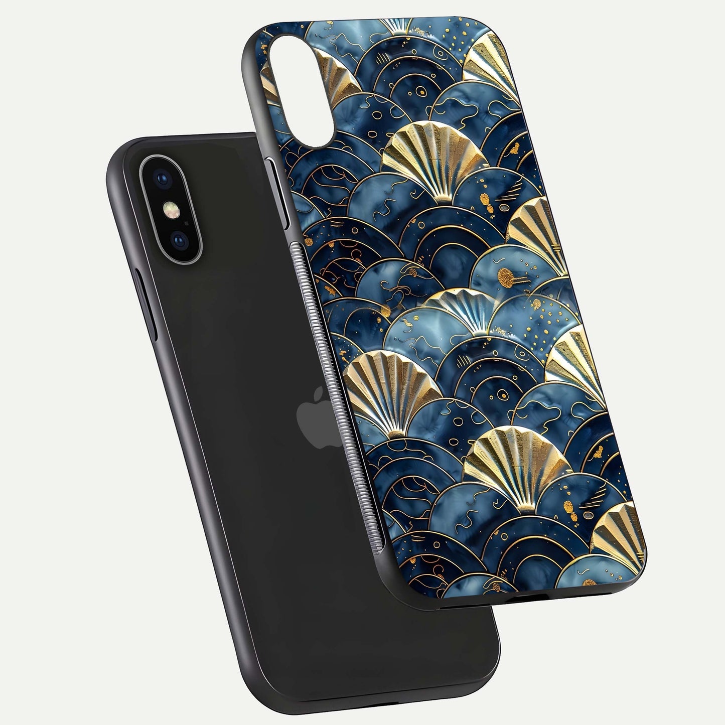 Golden Wave Luxe Glass Case for iPhone X floating dual-view mockup showing gloss surface and shimmering tones