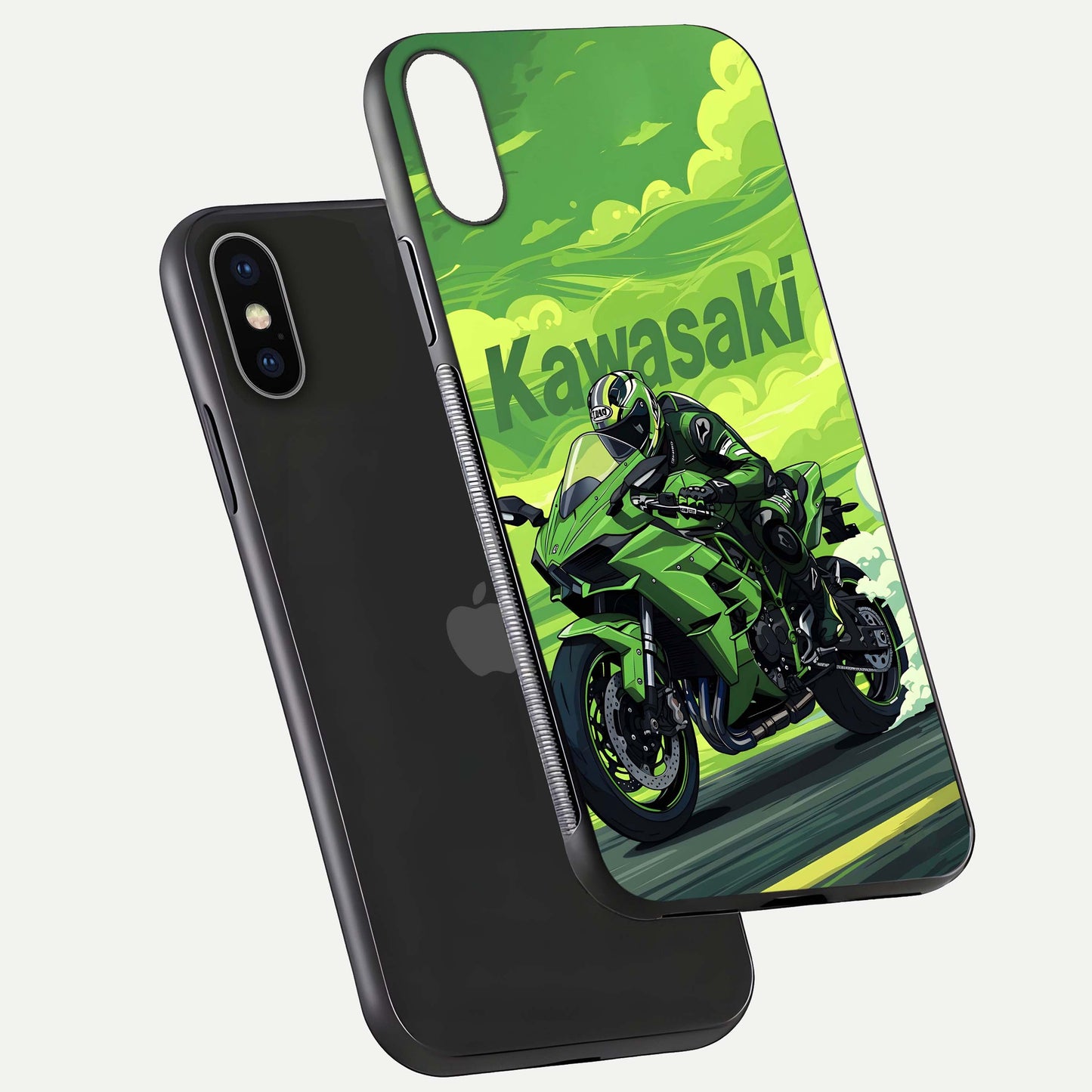 Green Kawasaki Glass Case for iPhone X floating dual-view mockup showing gloss surface and power-bike theme