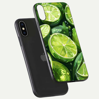 Green Lemon Glass Case for iPhone X floating dual-view mockup showing glossy surface and fruity freshness