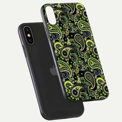 Green Mandala Pattern Glass Case for iPhone X floating dual-view mockup showing gloss texture and symmetry shine