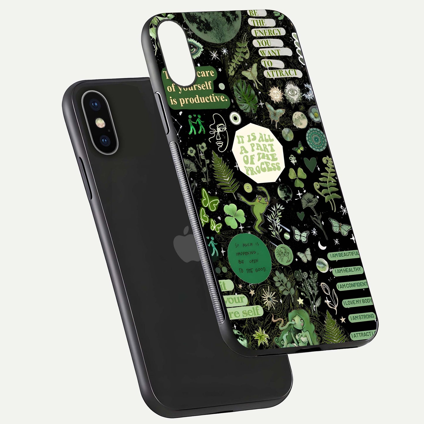 Green Moon Energy Glass Case for iPhone X floating dual-view mockup showing glossy texture and energy aura
