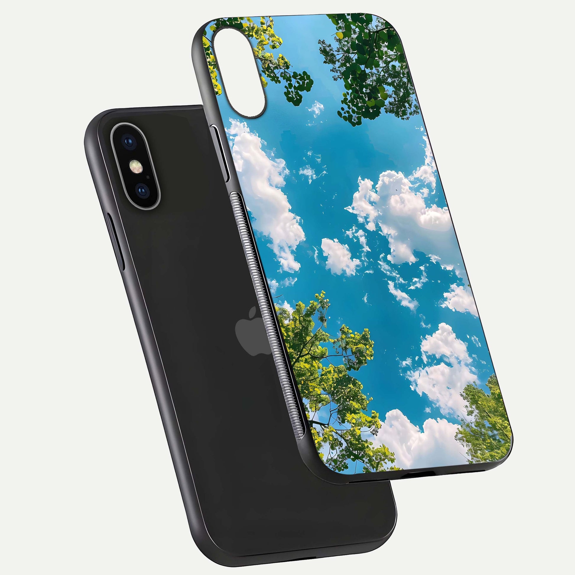 Greenery Sky Glass Case for iPhone X floating dual-view mockup showing glossy shine and soft natural tones