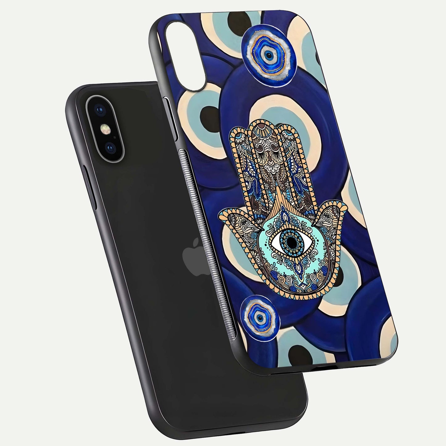 Hamsa Divine Guard Glass Case for iPhone X floating dual-view mockup showing gloss shine and mystical pattern