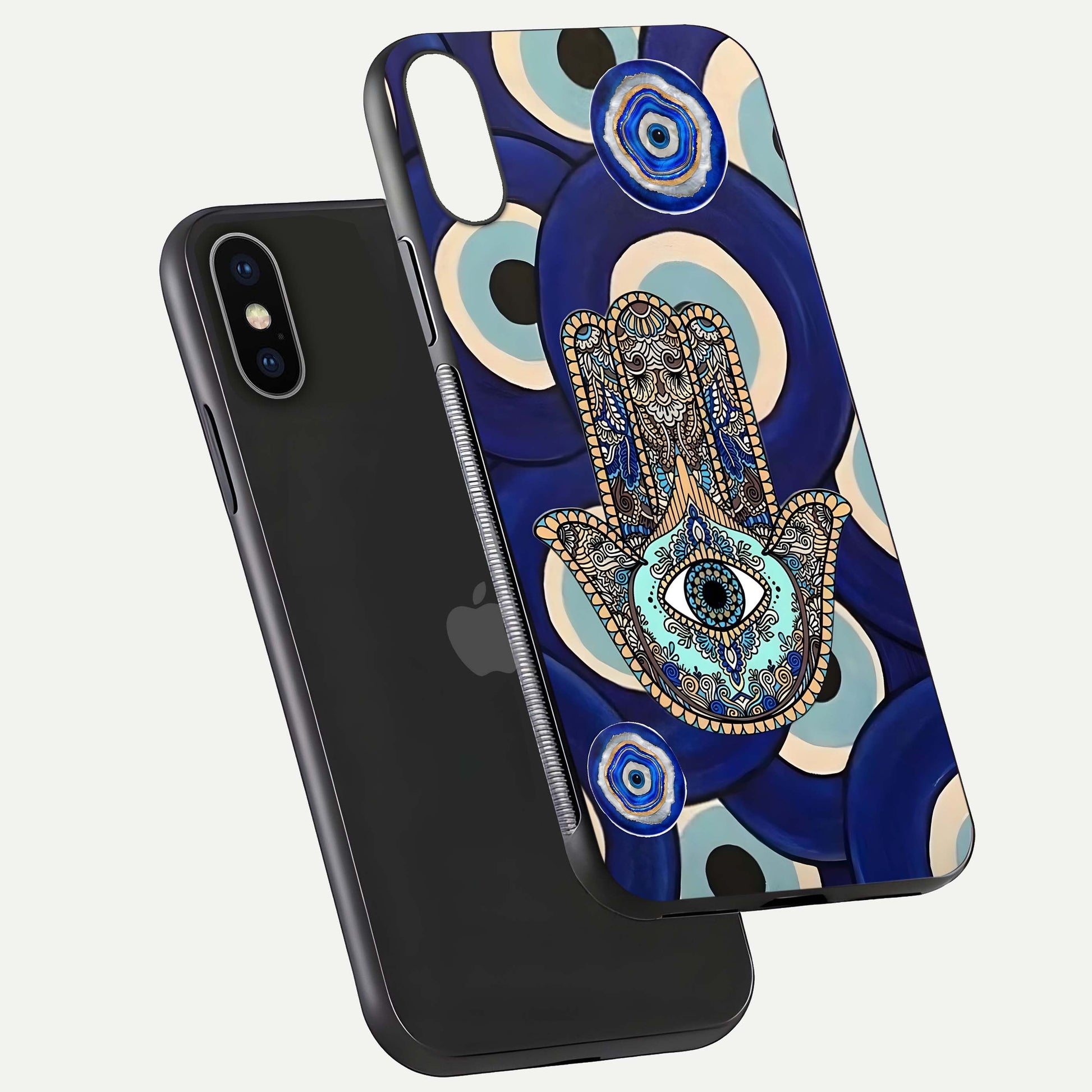 Hamsa Divine Guard Glass Case for iPhone X floating dual-view mockup showing gloss shine and mystical pattern