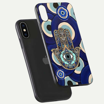 Hamsa Divine Guard Glass Case for iPhone X floating dual-view mockup showing gloss shine and mystical pattern