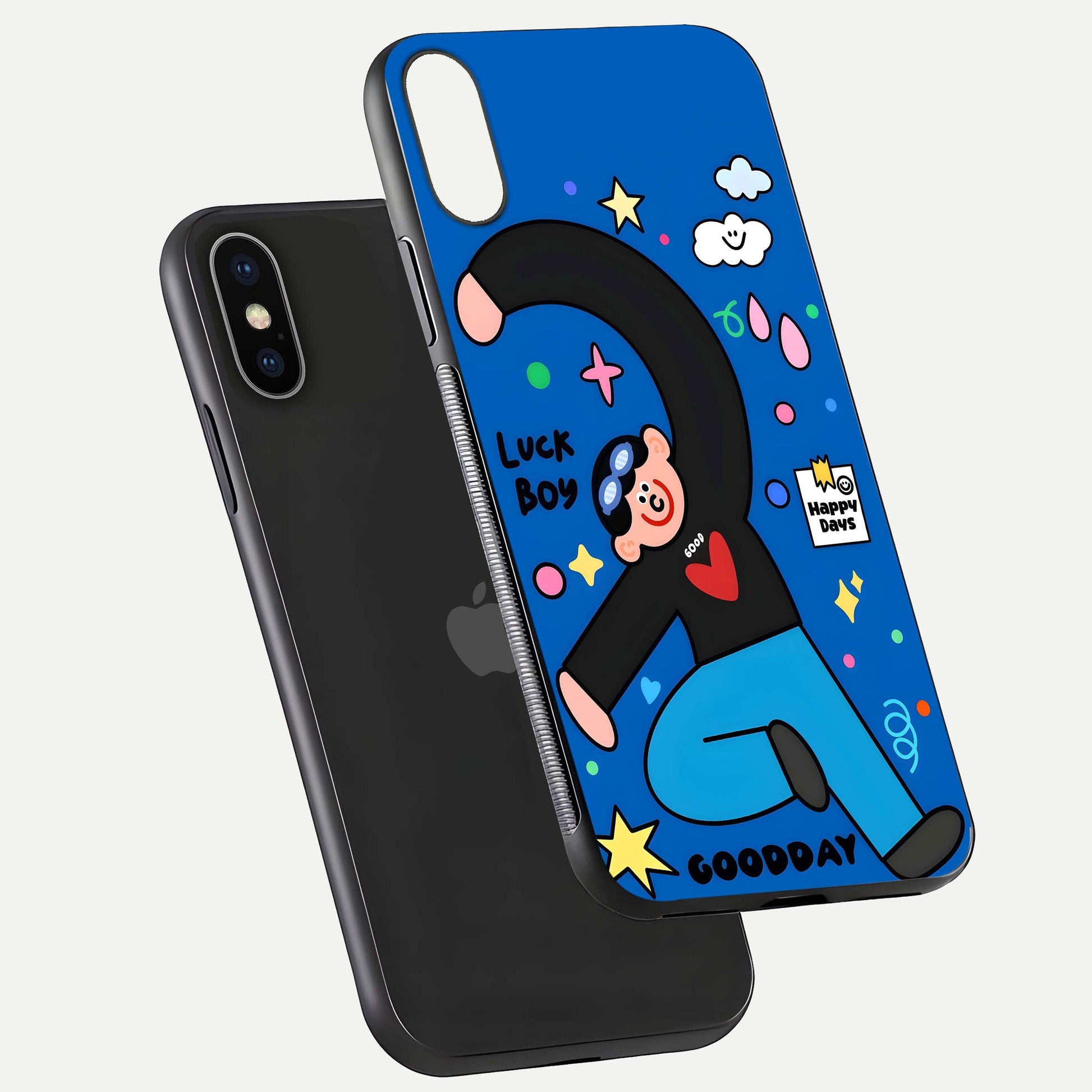 Happy Luck Vibe Glass Case for iPhone X floating dual-view mockup showing glossy tone and bright finish