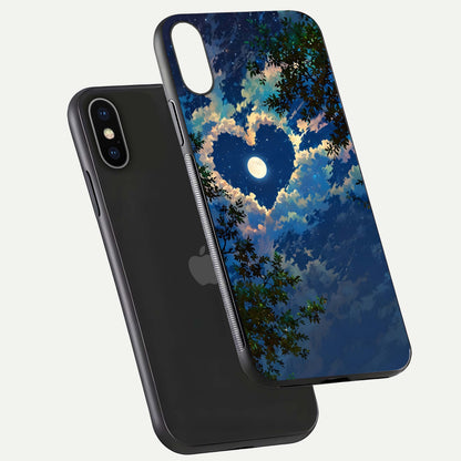 Heart with Moon Sky Glass Case for iPhone X floating dual-view mockup showing gloss texture and romantic sky glow