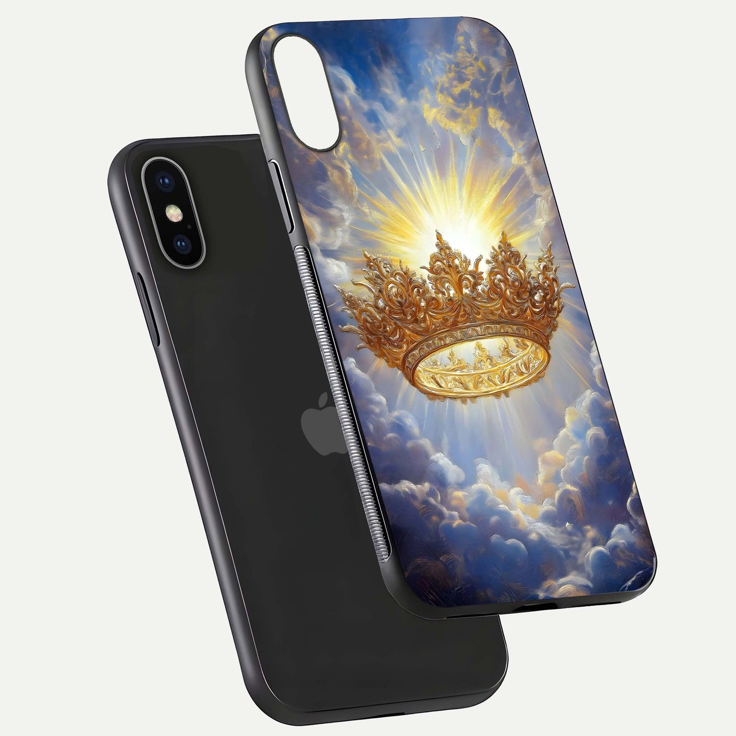 Heavenly Crown Light Glass Case for iPhone X floating dual-view mockup showing gloss shine and luminous crown texture