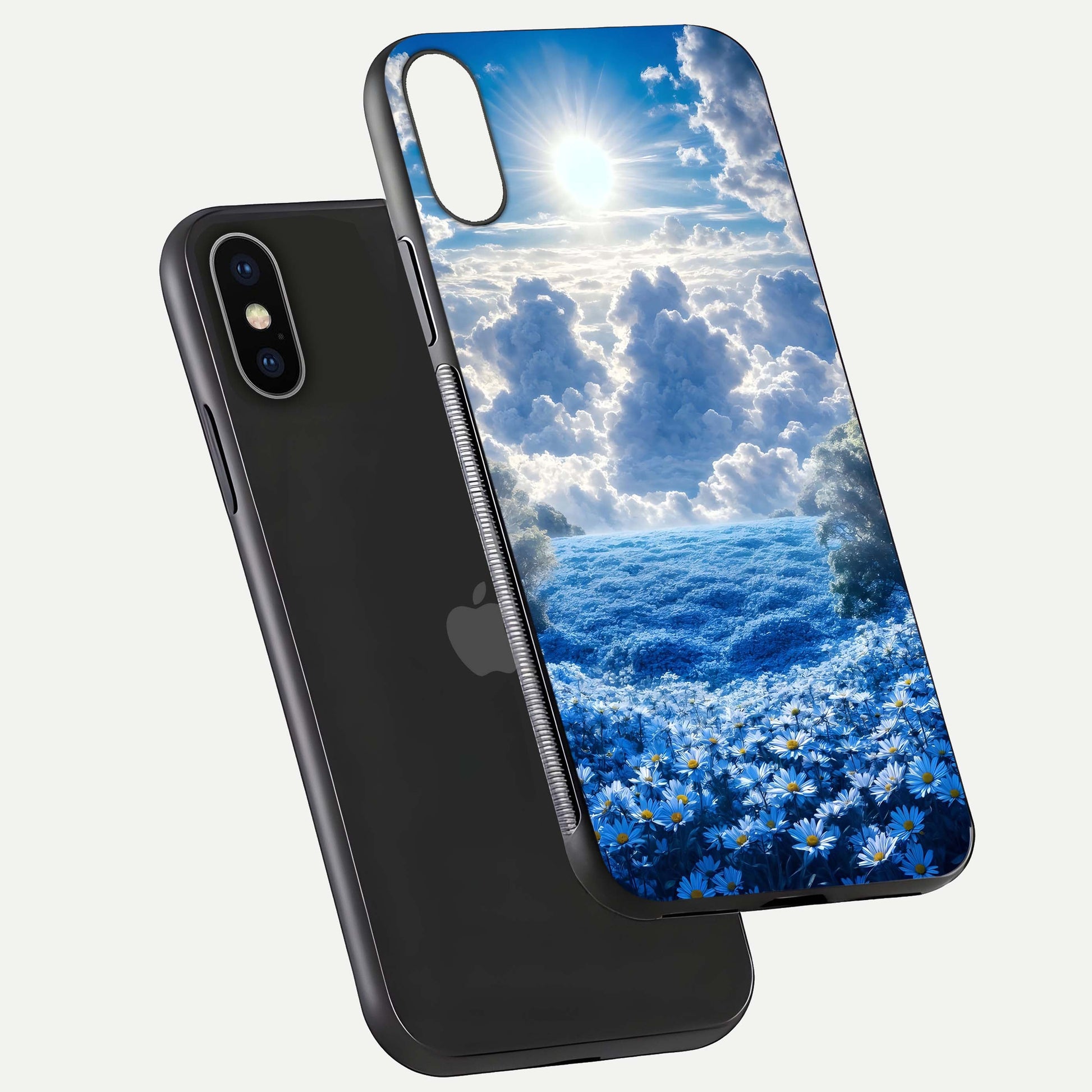 Heavenly Daisy Horizon Glass Case for iPhone X floating dual-view mockup showing gloss polish and soft pastel background