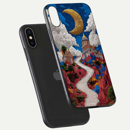 Heavenly Moon Path Glass Case for iPhone X floating dual-view mockup showing gloss surface and celestial pathway